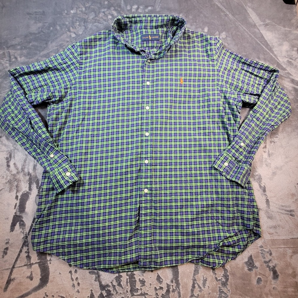 Ralph‎ Lauren Shirt Mens Classic Green/Blue Plaid Button Down Long Sleeve  2XL